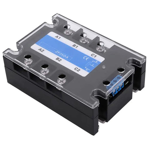 Solid State Relay SSR DC to AC Control With DC Control, AC Output, Bolted Installation for Power Control Gear and Industrial Electrical Applications, Built Tough, Reliable, Easy Mount for Heavy Duty Setups. Black SSR module with clear cover and screw terminals