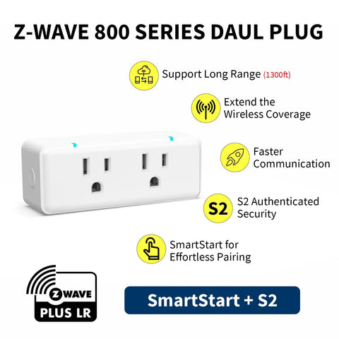Z Wave Dual Outlet Smart Plug With Independent Sockets, Hub Required, Long Range LR Repeater for Stronger Signals device
