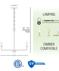 Diagram of Modern 22 Inch 5 Light Candle Style Chandelier In Oil Rubbed Bronze Finish showing dimensions and lamp compatibility.