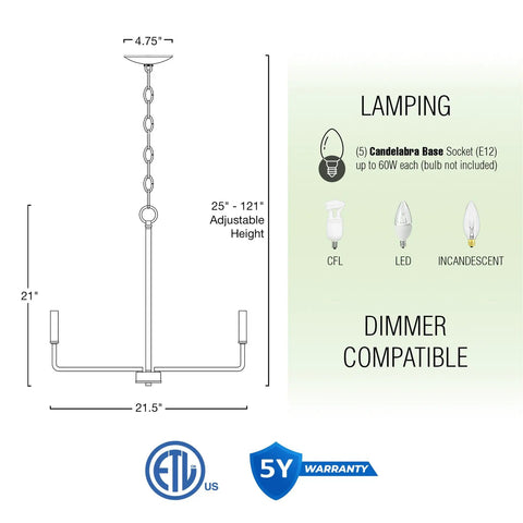 Diagram of Modern 22 Inch 5 Light Candle Style Chandelier In Oil Rubbed Bronze Finish showing dimensions and lamp compatibility.