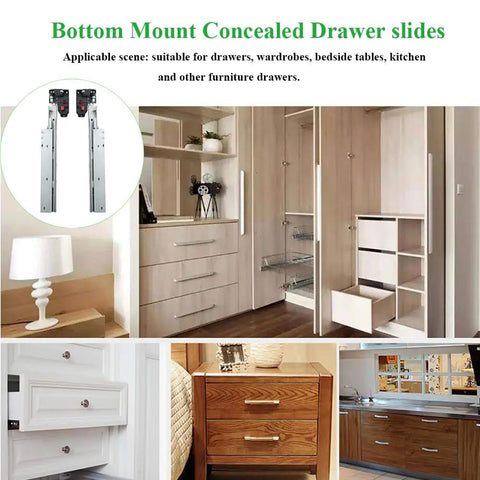 Six Pair Twenty Two Inch Undermount Drawer Slides Offer Slick Soft Closing Action For No Sweat Weekend Projects And Sleek Cabinet Upgrades You Will Totally Love, displayed laid out on modern furniture.