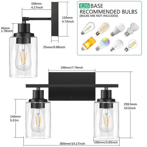 Two Light Modern Bathroom Vanity Light Fixtures With Clear Glass Shades Matte Black Wall Sconce Lighting dimensions and bulb types