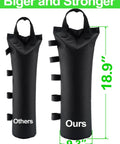 Comparison of 18.9-inch heavy duty canopy sand bags for EZ pop up canopy gazebo next to a smaller version, 9.3-inch width shown.