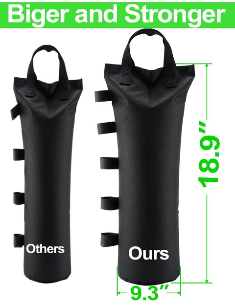 Comparison of 18.9-inch heavy duty canopy sand bags for EZ pop up canopy gazebo next to a smaller version, 9.3-inch width shown.