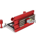 Red adjustable woodworking backer clamp for table saw with heavy duty aluminum back plate, fits various board sizes for stable cutting.