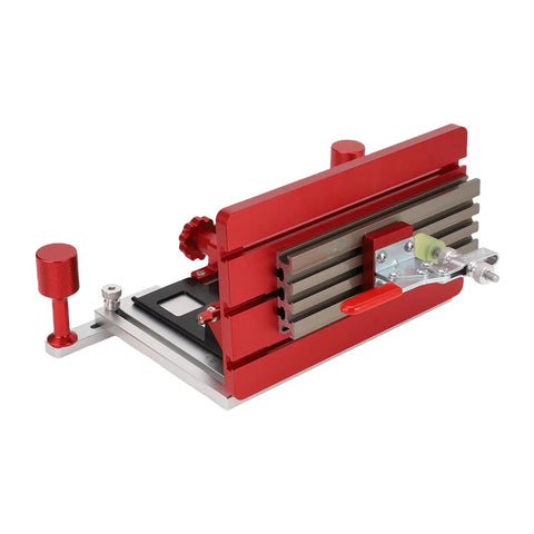 Red adjustable woodworking backer clamp for table saw with heavy duty aluminum back plate, fits various board sizes for stable cutting.