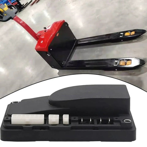 Get This Heavy Duty Recise Electric Stacker Controller For Forklifts, black throttle module and red pallet forks for warehouse use.