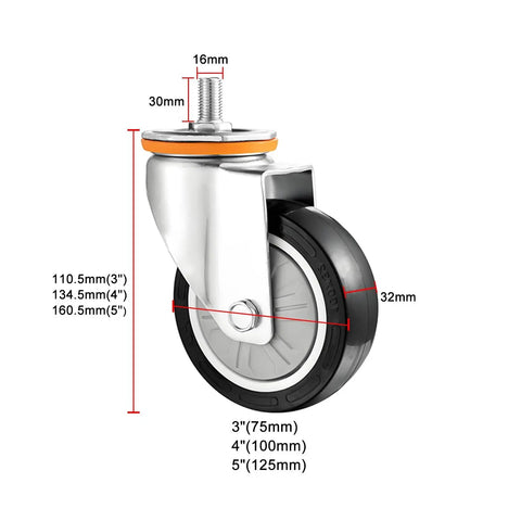 Rugged PU Swivel Casters With Brakes For Furniture Workbenches And Carts Industrial Plate Wheels measurements