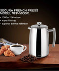 1.5 Liter 304 Stainless Steel French Press Coffee Maker Built To Last With Insulated Double Wall And Extra Screen For Rich Bold Coffee Every Morning For Home Barista Quality At Home, shown on kitchen counter with coffee and croissants.