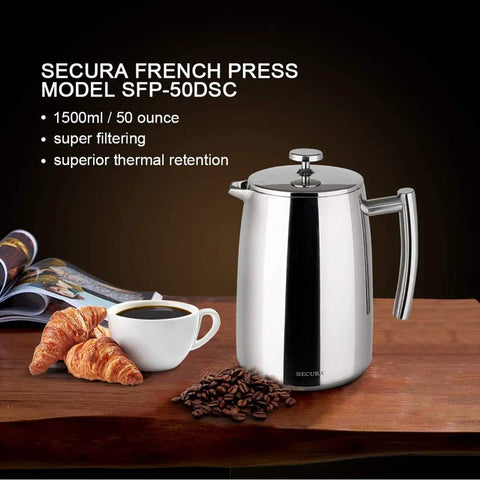 1.5 Liter 304 Stainless Steel French Press Coffee Maker Built To Last With Insulated Double Wall And Extra Screen For Rich Bold Coffee Every Morning For Home Barista Quality At Home, shown on kitchen counter with coffee and croissants.