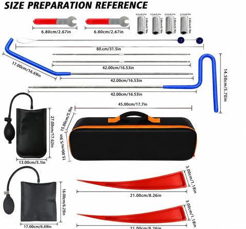Comprehensive 16 Piece Auto Tool Kit For Everyday Vehicle Maintenance with measurements and tools overview.