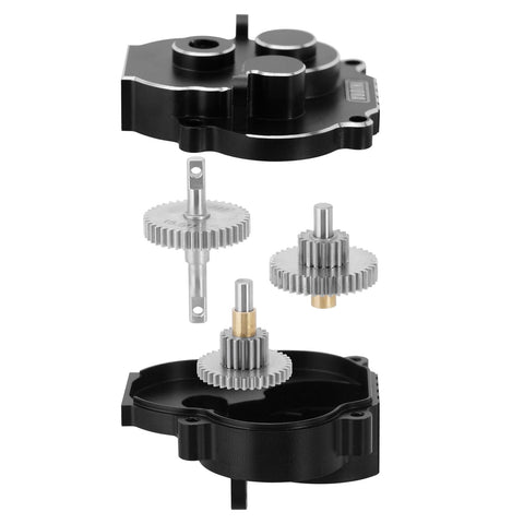 Exploded view of Heavy Duty CNC Aluminum Transmission Gearbox With Sixteen Point Six To One Gears Pinion For TRX4M 1 To 18 Scale RC Crawler Upgrade Black Built To Handle Tough Trails And Harsh Terrain