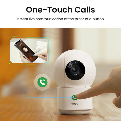 2K Indoor Security Cam for Home, Baby Monitor and Pet Cam, 360-Degree Coverage, 2.4 GHz Wi Fi, One-Touch Call feature demonstration