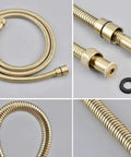 UMJIGF Shower System, Ceiling Mount Brushed Gold Bathroom Brass Ceiling 10-12 Inch Rainfall Shower Faucet System Mixer Set with Tub Taps, close-up of brass shower hose.