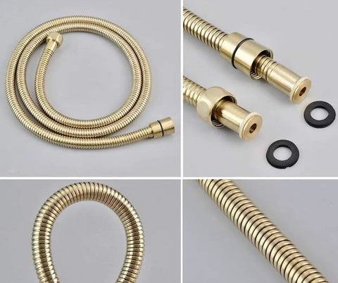 UMJIGF Shower System, Ceiling Mount Brushed Gold Bathroom Brass Ceiling 10-12 Inch Rainfall Shower Faucet System Mixer Set with Tub Taps, close-up of brass shower hose.