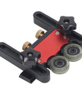 Adjustable Table Saw Featherboard With Smooth Rolling Wheels For Woodworking Safety And Precise Cutting Tight Grip That Locks Boards Straight Real Stability For Carpentry And Diy Builds On The Regular close-up showing red and black rollers with adjustable knobs