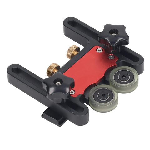 Adjustable Table Saw Featherboard With Smooth Rolling Wheels For Woodworking Safety And Precise Cutting Tight Grip That Locks Boards Straight Real Stability For Carpentry And Diy Builds On The Regular close-up showing red and black rollers with adjustable knobs