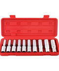 10 Piece E Star Socket Wrench Set Shop Grade Alloy Steel Mechanic Tools in red portable carry box, 8mm to 24mm sizes.