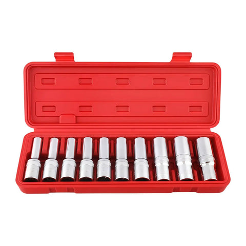 10 Piece E Star Socket Wrench Set Shop Grade Alloy Steel Mechanic Tools in red portable carry box, 8mm to 24mm sizes.