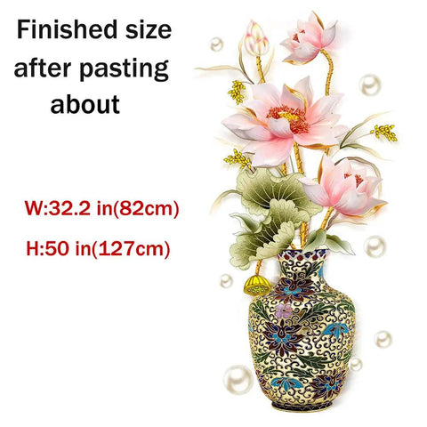 Chinese Style Lotus Flower Vase Wall Sticker With Pearl Accents Peel And Stick Decor For Living Room And Entryway Two Sheets Per Roll Finish Size About 32.2 Inches By 50 Inches Elegant Backdrop Art For Home