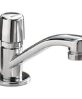 Single-Handle Metering Faucet In Chrome Finish For 1-Hole Install Water-Saving Brass Rigid Spout Model 701LF-HDF showcased on white background