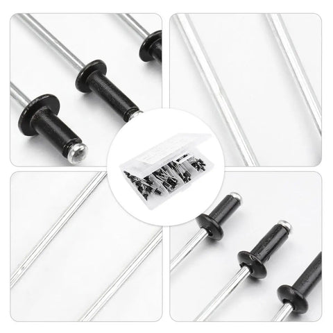 Blind Rivets Assortment Kit 120 Pcs Aluminum Alloy M2.4 M3.2 M4 with Standard Head Size in box and close-up views
