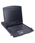 Slick Heavy Duty Rack Mount KVM Switch With Eight Port VGA USB Console Featuring A Bright Seventeen Inch TFT Monitor And Full Size Keyboard Mouse Combo open with keyboard and touchpad.