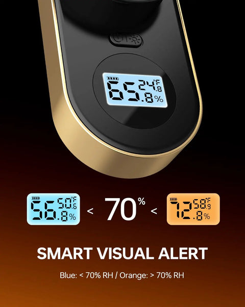Pro-Grade Digital Cigar Hygrometer With 3-Probe Core Moisture Meter For Humidor Humidity And Ambient Sensing, Real-Time Cigar Moisture Readout, Ultra Precise, Easy To Read Display, Gold Finish close-up digital display with smart visual alert