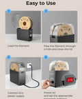 Steps for using Filament Dryer Box Pro with 360 degree heating and fan, showing filament setup, cover, power connection, and settings