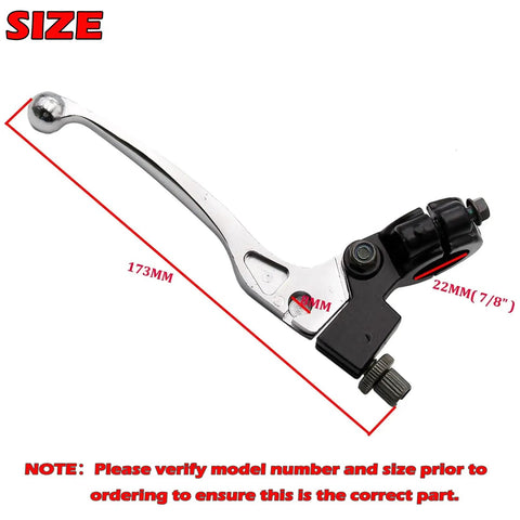 Seven Eighths Inch Folding Left Clutch Lever For Dirt Bikes Universal Handlebar Fit Works With XR80 XR100 XR200 SSR 125cc Coolster Roketa Baja Pit Bikes And More Silver size illustration with measurements