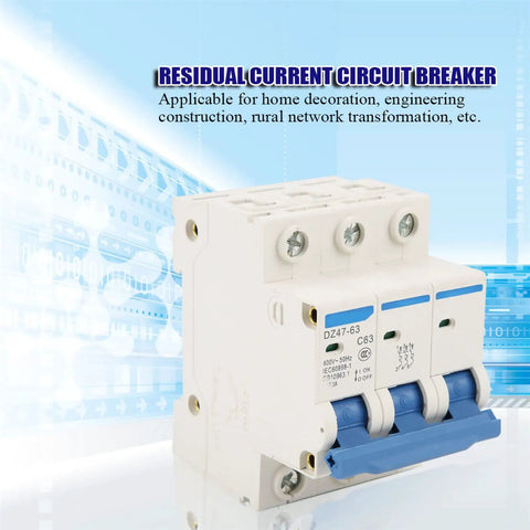 Three Pole 63 Amp Miniature Circuit Breaker For 220 To 380V AC 4500A Breaking Capacity Built Tough DIN Rail Mounted RCCB DZ47 63 Model ID Reliable Power Safety Switch
