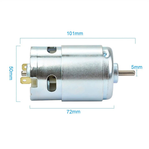 Smooth Riding DC Motor 775 Upgrade Kit Featuring Dual Ball Bearings That Kick Some Serious Torque At 12000 RPM measures 101mm x 72mm x 50mm.