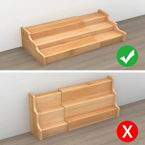 Expandable 3 Tier Bamboo Spice Rack And Kitchen Cabinet Organizer Fits Standard Jars Horizontally showing proper use with layered design.