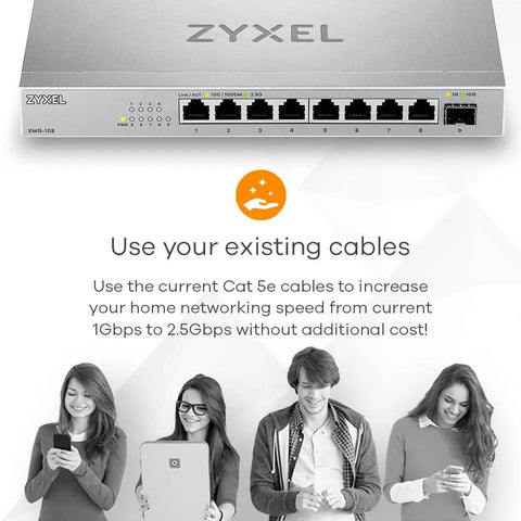 Front view of 8 Port 2.5G Unmanaged Switch With 10G SFP Plus Uplink, showcasing port layout and connectivity instructions.