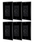 15 Amp GFCI Outlet 6 Pack Featuring Dual USB Type C And A Ports Self Testing Receptacle that stops short circuits, shown in black.