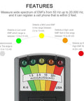 EMF Meter For Ghost Hunting With Instant EMF Response showing LED display for measuring EMF levels, ELF 50-1000 Hz, VLF 1000-20000 Hz.