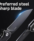Close-up of Keen Folding Pocket Knife Dope EDC Gear with 84mm 14C28N stainless steel blade and carbon fiber handle, sharp blade detail.
