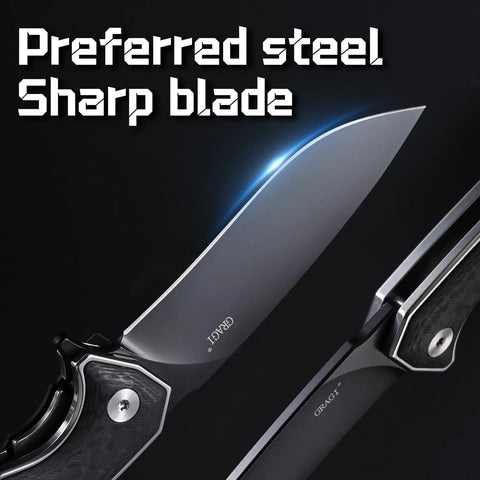 Close-up of Keen Folding Pocket Knife Dope EDC Gear with 84mm 14C28N stainless steel blade and carbon fiber handle, sharp blade detail.