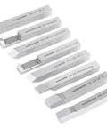 Pro-Grade 8 Piece Three Eighths Inch HSS Tool Bit Set for Turning and Facing displayed in a row showing 80° and 60° tips.