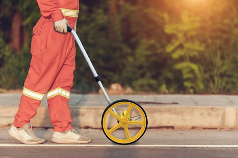 Person using No Nonsense 12 Inch Measuring Wheel With 10000 Foot Range Mechanical Counter on a roadway outdoors.