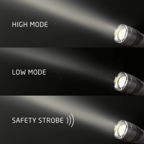 Four Pack LED Tactical Flashlights S300 Pro IPX4 Waterproof showing high, low, and safety strobe modes with focusable beam.