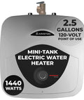 2.5 Gallon 120 Volt Mini Tank Water Heater For Under Sink And RV Use, silver compact point-of-use heater, front view.