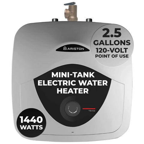 2.5 Gallon 120 Volt Mini Tank Water Heater For Under Sink And RV Use, silver compact point-of-use heater, front view.