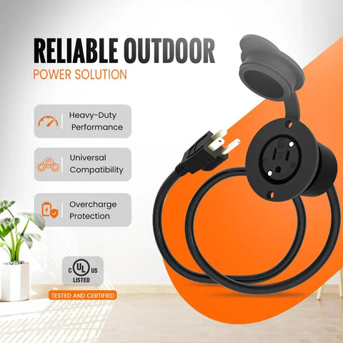 Rugged Outdoor Waterproof Outlet Kit With 15 Amp 125 Volt NEMA 5-15R, weatherproof cover, extension cord displayed at angle