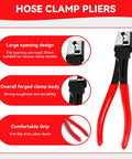 Detailed view of hose clamp pliers from 4-Piece Auto Electrical Disconnect Pliers Set with storage box, showing features and red handles.