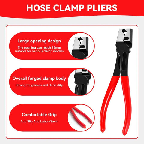Detailed view of hose clamp pliers from 4-Piece Auto Electrical Disconnect Pliers Set with storage box, showing features and red handles.