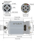 RS550 18V DC Geared Micro Motor Featuring 14 Tooth Spur Gear With Nine Point Five Millimeter Shaft dimensions and rotation direction.