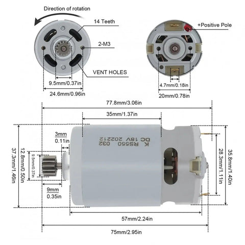RS550 18V DC Geared Micro Motor Featuring 14 Tooth Spur Gear With Nine Point Five Millimeter Shaft dimensions and rotation direction.