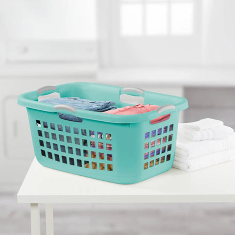 Aqua chrome laundry basket with clothes, part of the Six Pack Plastic Laundry Basket Hamper Set 2 Bushel Ultra Aqua Chrome Beastly Capacity.