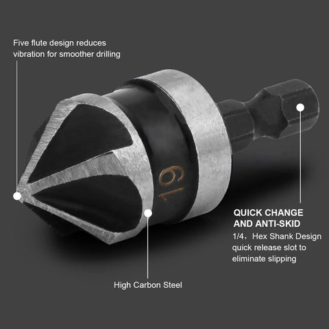 Close-up of countersink drill bit with 1/4-inch hex shank, five-flute head, high-carbon steel
